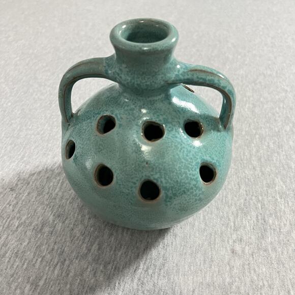 Source Unknown Other - Vintage Turquoise Pottery Pansy Pot Vase Flower Frog Double Handle Jug Handmade